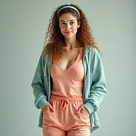 A realistic, high resolution photograph of a beautiful Caucasian woman in her 30's; full body frontal view facing the camera with her arms at her side, looking at the camera. There is extra space in the photo above her head. She has lithe, athletic, fashio...