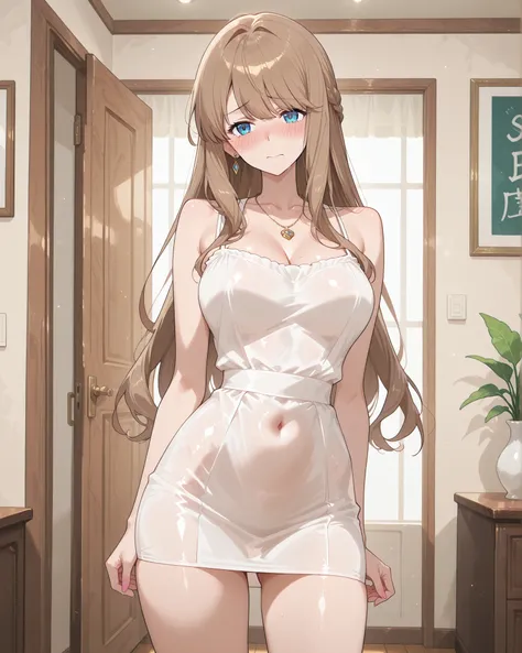 Shy,  Lively Sexy Teacher, Her waist is slim，A graceful figure, She's wearing a necklace around her neck, She is wearing a sleeveless white translucent mini dress, She is in the room, Pose Natural、super long hair