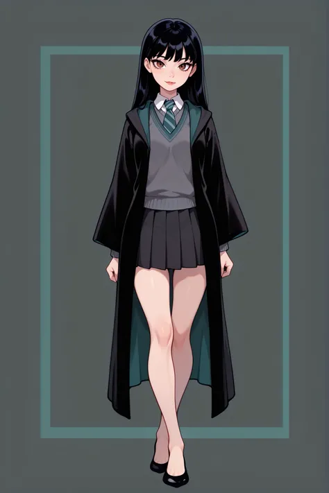 score_9, score_8_up, score_7_up, best quality, masterpiece, 4k resolution, 1girl, solo, youthful, beautiful, full body, long straight hair, straightened hair, pitch black hair, brown eyes, sharp eyes, looking at viewer, elegant posture, bare legs, smooth b...