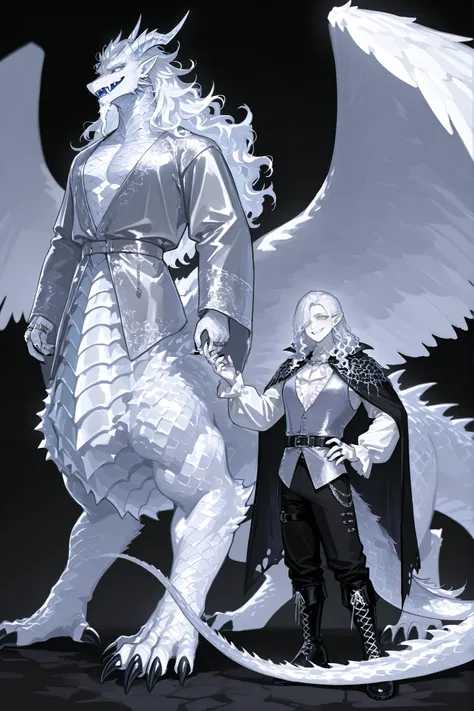 (xxx667_illu,dragon taur, centauroid, monster,) Male character, vampire middle-aged mature dragon. He has snow-white silver metallic skin, muscular, masculine build, and pointed ears. He has silver-white dragon scales, metallic horns , silver-white metalli...
