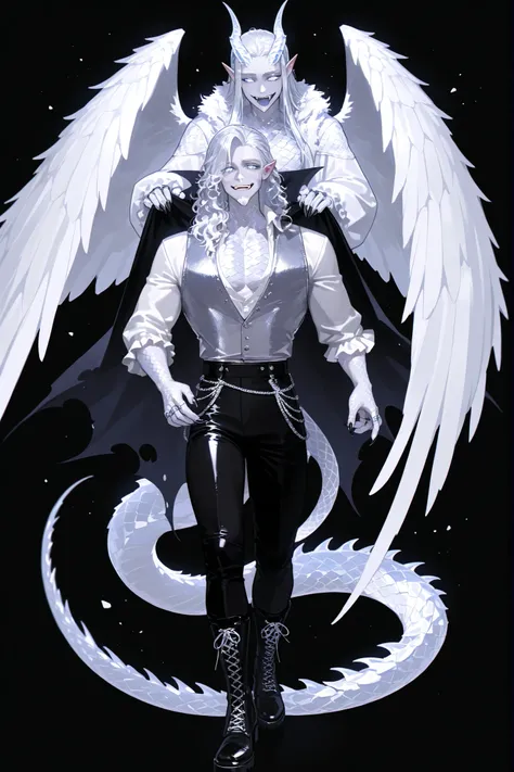 (handfixer,xxx667_illu,) Male character, vampire middle-aged mature dragon. He has snow-white silver metallic skin, muscular, masculine build, and pointed ears. He has silver-white dragon scales, metallic horns , silver-white metallic scaly dragon tail wit...