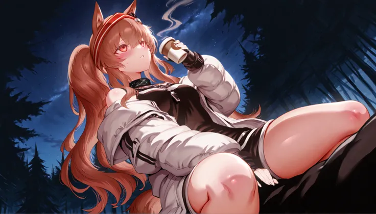 ((夜の森で1人でCampをしている)))、(((Draw as if looking up from below)))、(((m da s taro)))、(((Ajimu Angelina)))、only one woman、(women who camp alone in the forest at night {x} have long reddish brown hair and a half-up twin-tail hairstyle)、((sits on top of the beast e...