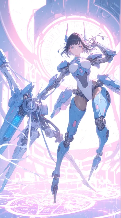 High Quality, masterpiece, super definition, 1 woman, The right half of the body is cybernetic, fluffy metal claws, Mechanical Arm, the left half is human, long black hair, has sharp eyes, Magical Blue Light, magical energy leaking from machine parts, heav...