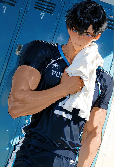 8k, beautiful masterpiece, 1 male, 30 year old male, handsome, mature, manly, tall, short black hair, sharp eyes, blue eyes, pixie cut, straight hair, tanned skin, black volleyball uniform, alone, Perfect Eyes, Perfect Eyes shape, top quality, amazing qual...
