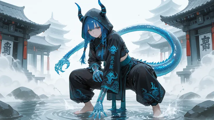 1girl,Base Color Blue,have large twists at the end of the tail with disproportionate horns,transparent arm,I can see my arm bones,china clothes,wear a hood,Water Effect,transparent tail,Dragon's bones,Lots of fog,Temple Front ,Kung Fu Stance,