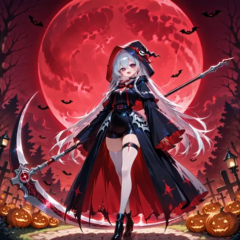 A girl wearing a Shinigami costume for Halloween。black robe。Big Scythe Shining in Silver。Crimson Eyes。jack o' lantern。Red Moon。