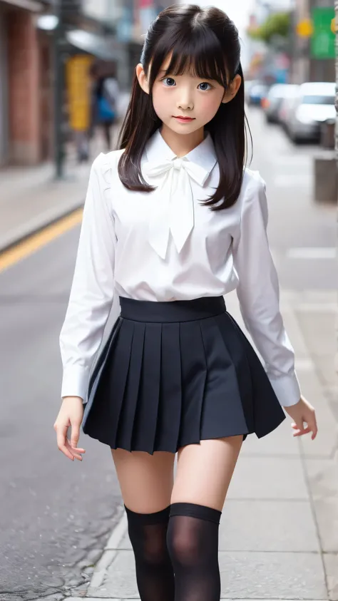 masterpiece,Highest Quality,Super Detailed,8K,cute neat Japanese little girl,Little girl is 10 years old,walking on the way to school in a residential area,White Ultra Thin Fabric Long Sleeve Blouse,cute bow on her chest,High Waist Plaid Tiny Pleated Mini ...