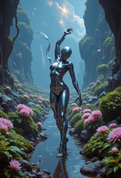 a being made of mercury, dancing, alien setting, cinematic, 8K, highly detailed, photorealistic, lifelike, mercury figure, graceful movement, mercury, alien landscape, bioluminescent flora, distant nebula, dramatic lighting, cinematic composition, intricat...