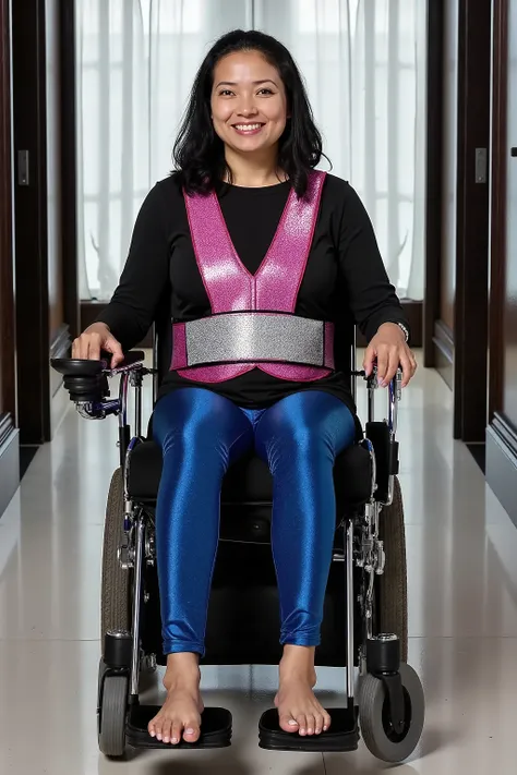 A woman is in the hall of a hotel, the hotel is formal and modern with futuristic Jade stone design, the woman is 36 years old and has a moderate belly, she is 240 pounds, the woman wears a black shiny silk sweater and blue shiny metallic vinyl rubber legg...