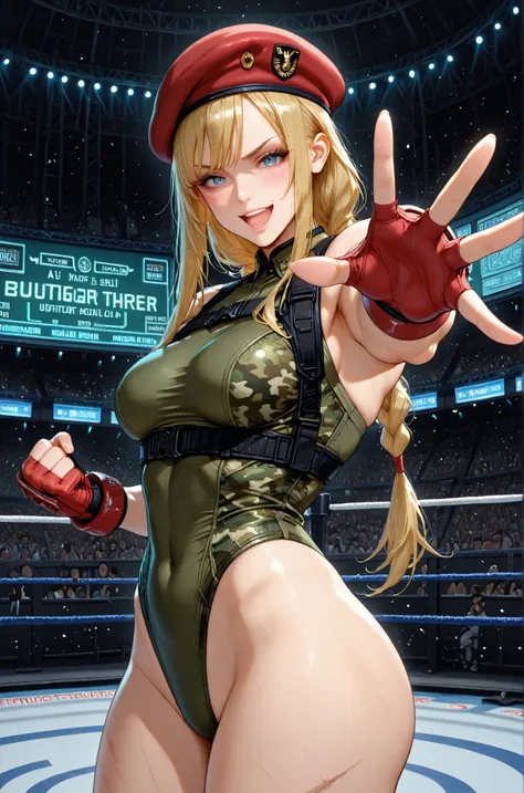 cammySDXL, 1girl, solo, long hair, breasts, looking at viewer, blue eyes, blonde hair, gloves, hat, braid, fingerless gloves, leotard, lips, muscular, beret, highleg, scar, red headwear, scar on face, highleg leotard, red gloves, camouflage, harness, thong...