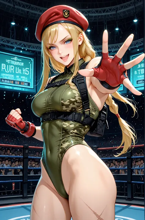 cammySDXL, 1girl, solo, long hair, breasts, looking at viewer, blue eyes, blonde hair, gloves, hat, braid, fingerless gloves, leotard, lips, muscular, beret, highleg, scar, red headwear, scar on face, highleg leotard, red gloves, camouflage, harness, thong...