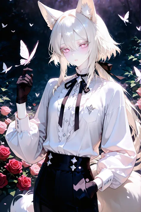 super detail, masterpiece, best quality, high resolution, 8k, ultra high anatomy, facial, only 1 boy, long low ponytail hair, platinum blonde hair, platinum blonde fox ears, Pink eyes, white diamond shaped pupil, Pale skin with matching pale platinum blond...