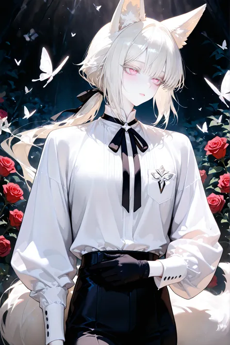 super detail, masterpiece, best quality, high resolution, 8k, ultra high anatomy, facial, only 1 boy, long low ponytail hair, platinum blonde hair, platinum blonde fox ears, Pink eyes, white diamond shaped pupil, Pale skin with matching pale platinum blond...