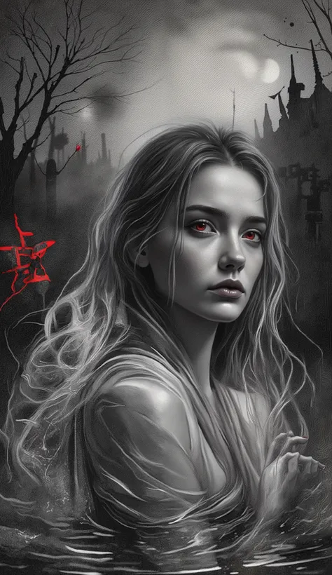 High-contrast black and white woodcut-style illustration with extremely intricate details. A ghostly lady, a drowned girl with red eyes, in a bathing suit, climbs out of a swimming pool at night. It's raining in Japan. This image is depicted in delicate, s...