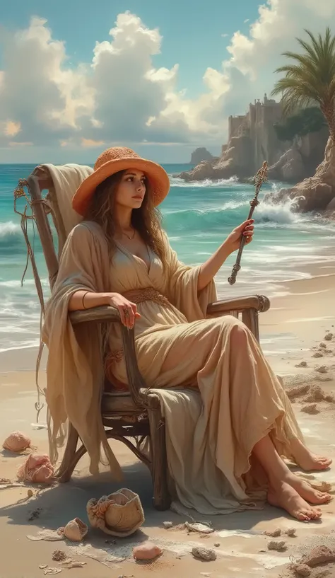 A beautiful woman, dressed as a sorceress with a magic hat, lies on a deckchair on the beach in fine weather, with her magic wand stuck in the sand next to her.
