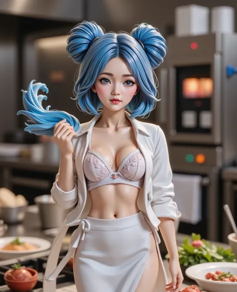 Adorable anime style PVC figurine of a beautiful woman as a chef in a professional kitchen, blue hair, big blue eyes, tall figure with perfect posture, immaculate white chef uniform, white jacket unbuttoned, white lace bra visible, confident expression, su...