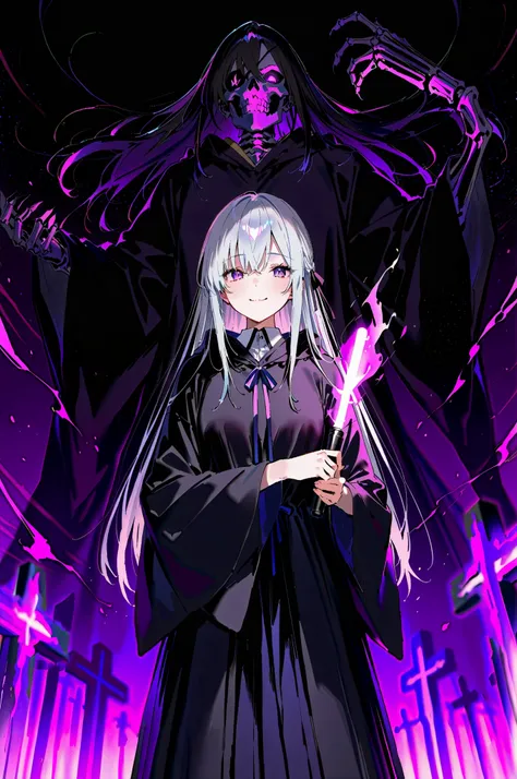 Dark Mage 、long hair、purple eyes、 graveyard、necromancer、ghost、Skeleton、Midnight、crawl、That's insane、moonlight、In the fog、 Dark Magic 、spell、black robe、magic wand、devilish atmosphere、wicked smile、dark background、detailed background、depth of field、horror atm...