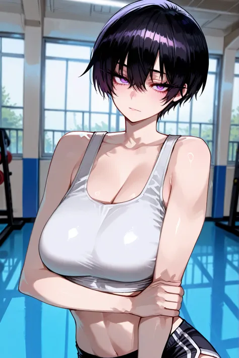 1girl, solo, anime girl, onee-san, masterpiece, aesthetic, tomboy, black hair, no hairpin, purple eyes, sharp eye outlines, long eyelashes, looking at viewer, big breasts, white crop top, black dolphin shorts, arm crossed, half body, soft skin, volume ligh...