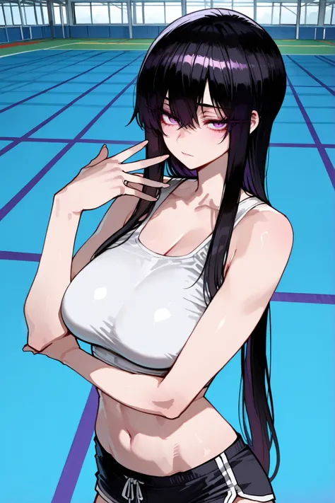 1girl, solo, anime girl, onee-san, masterpiece, aesthetic, tomboy, very long hair, black hair, no hairpin, purple eyes, sharp eye outlines, long eyelashes, looking at viewer, big breasts, white crop top, black dolphin shorts, standing, arm crossed, demure ...