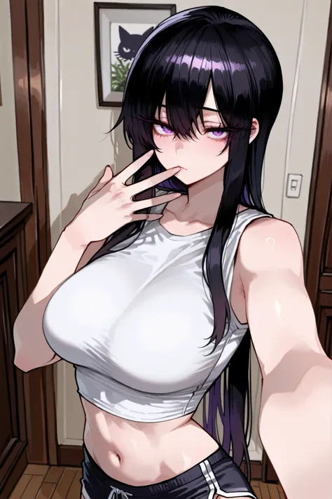 1girl, solo, anime girl, onee-san, masterpiece, aesthetic, tomboy, very long hair, black hair, no hairpin, purple eyes, sharp eye outlines, long eyelashes, looking at viewer, big breasts, white crop top, black dolphin shorts, selfie, half body, soft skin, ...