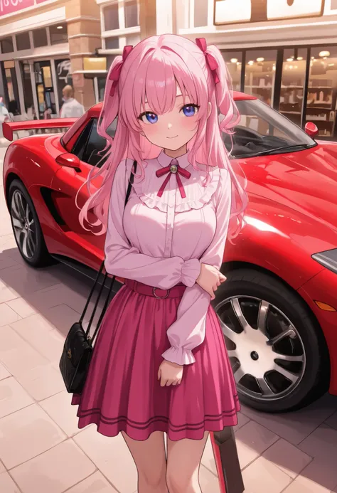 high resolution画像、 high resolution,create another scene in the same style、Barbie is outside the perfume store。Barbie shopping 、., She now has a perfume shop bag 、 She's going to get in the car soon 、 Her car is a C1 Corvette 、 Pink and white、 It's a red ...