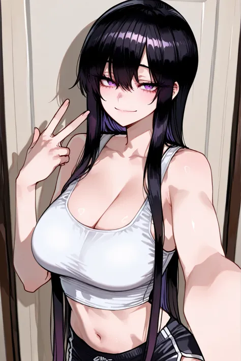 1girl, solo, anime girl, onee-san, masterpiece, aesthetic, tomboy, very long hair, black hair, no hairpin, purple eyes, sharp eye outlines, long eyelashes, looking at viewer, smile, big breasts, cleavage, white crop top, black dolphin shorts, selfie, half ...