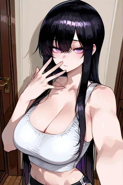 1girl, solo, anime girl, onee-san, masterpiece, aesthetic, tomboy, very long hair, black hair, no hairpin, purple eyes, sharp eye outlines, long eyelashes, looking at viewer, big breasts, cleavage, white crop top, black dolphin shorts, selfie, half body, s...