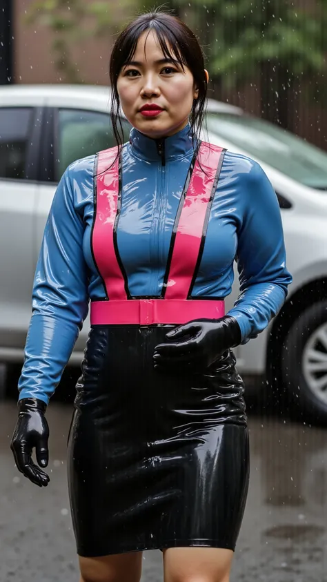 3d photograph, a woman wearing a blue and white police uniform, wearing a pink and red high visibility Asian patrol vest, 70% translucent at shoulders, wearing a black latex skirt, wearing a heavy red utility belt made of shiny leather, wearing polished bl...