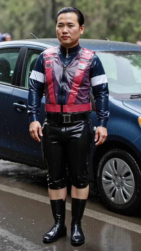 3d photograph, a woman wearing a blue and white police uniform, wearing a pink and red high visibility Asian patrol vest, 70% translucent at shoulders, wearing a black latex skirt, wearing a heavy red utility belt made of shiny leather, wearing polished bl...