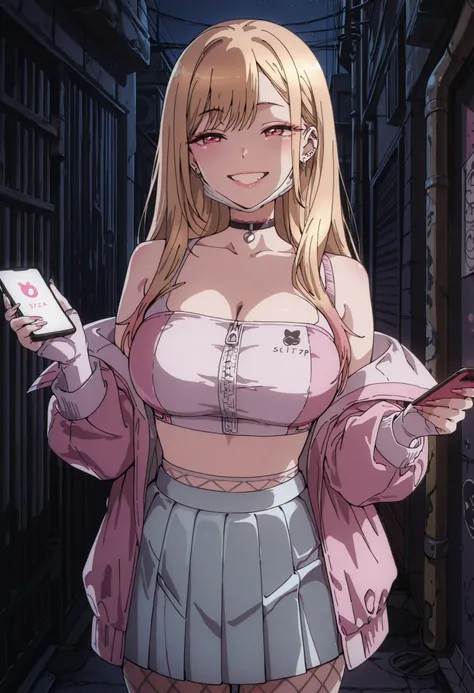 Score_9, score_8_up, score_7_up, source_anime, Marin Kitagawa, 1girl, solo, blonde hair, long hair, multicolored hair, red eyes, earrings, ear piercing, large breasts, (best quality), (high quality), {masterpiece}, extremely delicate and beautiful, ultra-d...