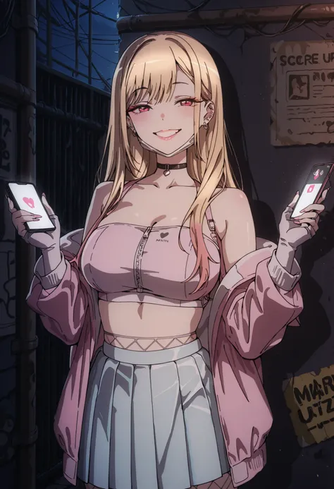 Score_9, score_8_up, score_7_up, source_anime, Marin Kitagawa, 1girl, solo, blonde hair, long hair, multicolored hair, red eyes, earrings, ear piercing, large breasts, (best quality), (high quality), {masterpiece}, extremely delicate and beautiful, ultra-d...