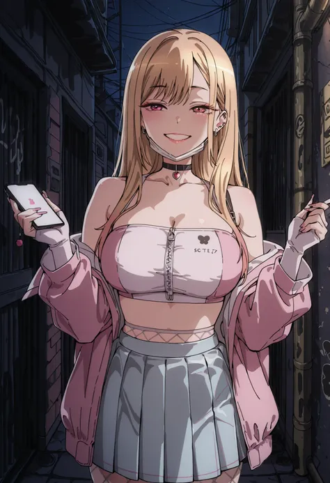 Score_9, score_8_up, score_7_up, source_anime, Marin Kitagawa, 1girl, solo, blonde hair, long hair, multicolored hair, red eyes, earrings, ear piercing, large breasts, (best quality), (high quality), {masterpiece}, extremely delicate and beautiful, ultra-d...