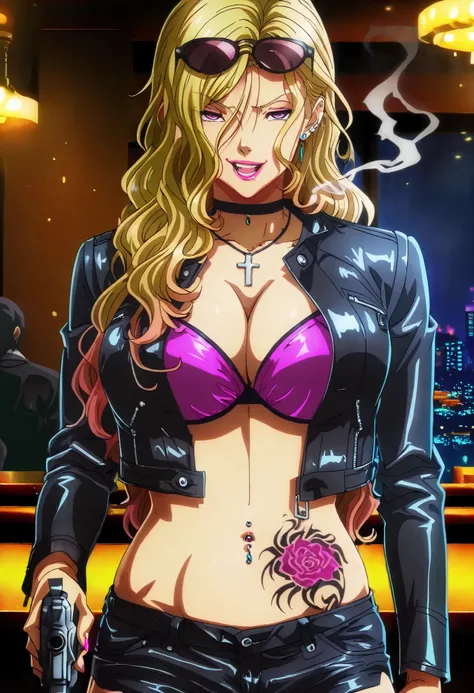 (1 girl),(solo), Rui \( Okusama no Kaifuku Jutsu\), blonde hair, long hair, purple eyes, lips, lipstick, makeup,mature,sexy, (anime coloring, anime screencap:1.2), 1girl,,, solo,, lipstick, nail polish, ear piercing, long hair, , lipstick, Hot girl, baddie...