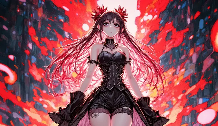 Beautiful anime maiden rising from flames, long flowing hair, glowing red aura, black gothic corset and gloves, upper body composition, cinematic lighting, passionate and dark mood
