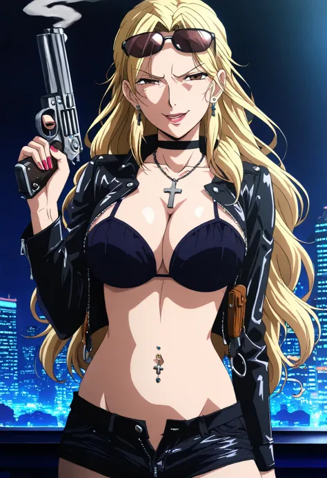 ((masterpiece)),(((best quality))),((ultra-detailed)),((illustration)),((disheveled hair)),,(1 girl),(solo), Lihtel \( Samayou Midara na Lunatics\),blonde hair,brown eyes,(anime coloring , anime screencap:1.2),(,mature,sexy, dominatrix,Smirk,1girl, dark_fa...