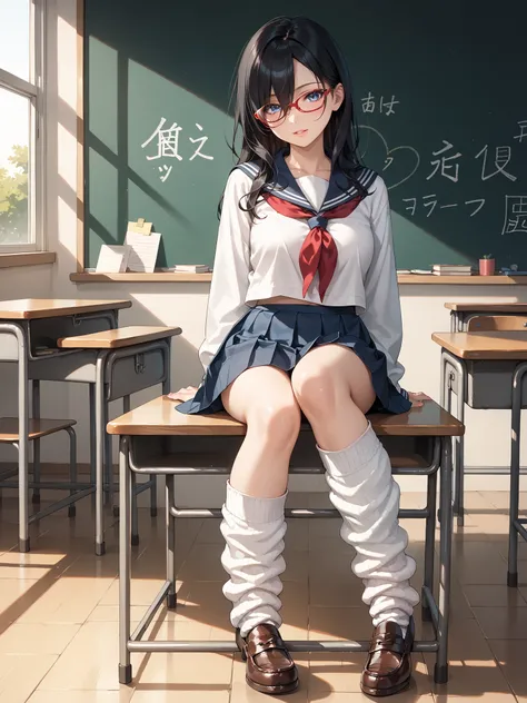 ((inspired by )),((inspired by Animation Style:1.5)),(masterpiece, best quality),beautiful, beautiful-woman, ((detailed face)).(full body:1.3).,
((black hair)), glasses, blue eyes, long hair, over-rim eye-wear,semi-rimless eye-wear, between eyes .(red-fra...