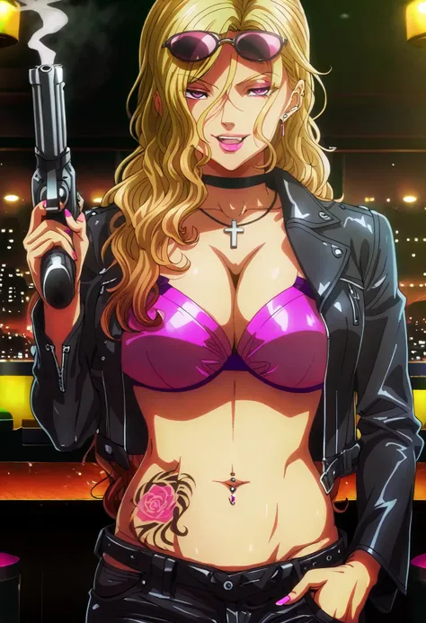 (1 girl),(solo), Rui \( Okusama no Kaifuku Jutsu\), blonde hair, long hair, purple eyes, lips, lipstick, makeup,mature,sexy, (anime coloring, anime screencap:1.2), 1girl,,, solo,, lipstick, nail polish, ear piercing, long hair, , lipstick, Hot girl, baddie...