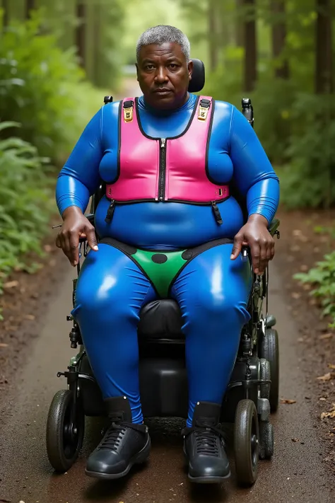 A gigantic massively obese black man, weighing 800 pounds, grotesque obesity, 80 years old, wrinkled fat and ugly, wearing a bright blue rubber catsuit, wearing a shiny thick heavy pink rubber chest harness that has gold buckles and is tight fitting, weari...