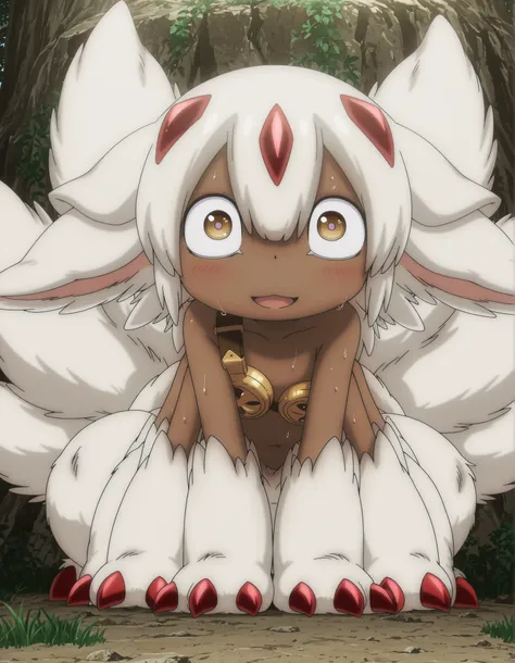 solo, {faputa, animal ears, anime screencap, body fur, claws, female, extra arms, looking at viewer, , multiple tails, open mouth, short hair, white hair, blush, white fur, wide-eyed, all fours, facing viewer, sweat, sitting, hooves, on ground, smile, pov,...