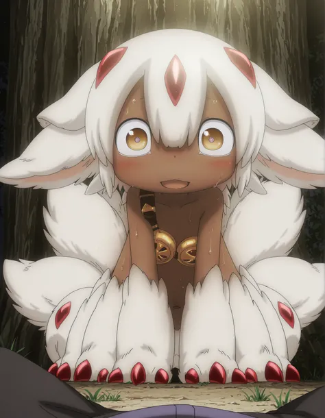 (akihito tsukushi:0.6), (tsukushi akihito:0.6), solo, {faputa, animal ears, anime screencap, body fur, claws, female, extra arms, looking at viewer, , multiple tails, open mouth, short hair, white hair, blush, white fur, wide-eyed, all fours, facing viewer...