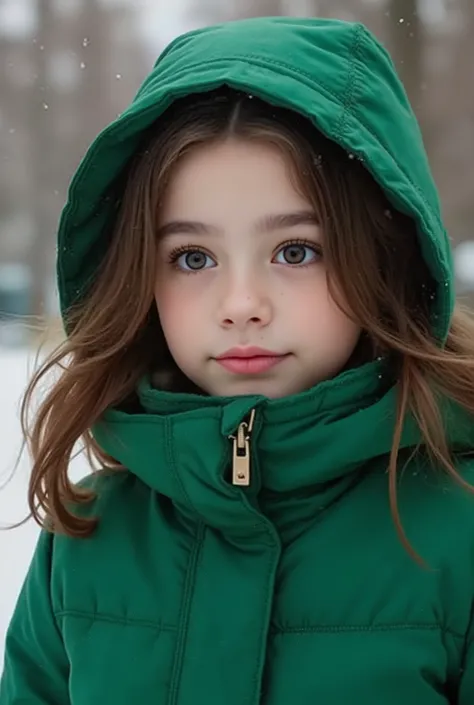 13-year-old teenage girl wearing green cold coat