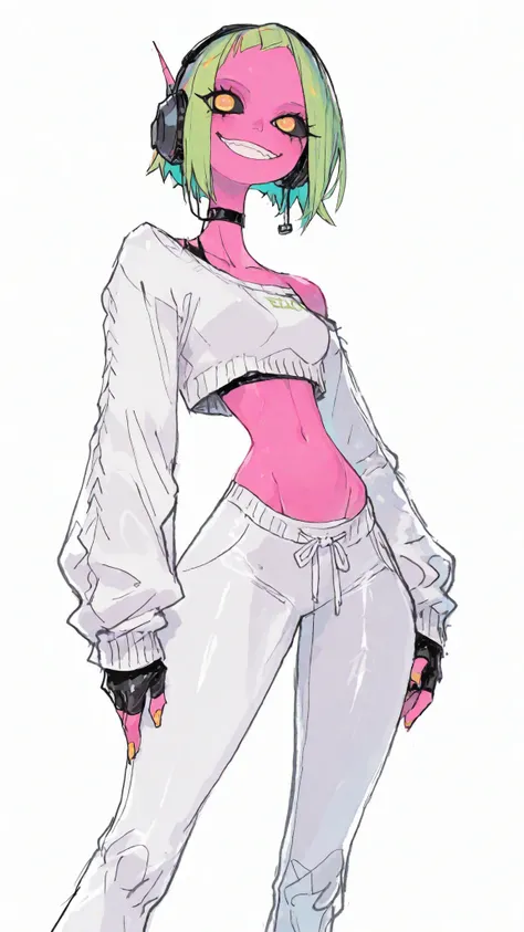 an alien girl, tall, attractive, black sclera, fluorescent green hair, pink skin, big innocent smile, sexy tummy, wide hips, masterpiece, best quality, amazing quality, stylish angle, headphones, off-shoulder white fitted crop top sweater twisted into one-...
