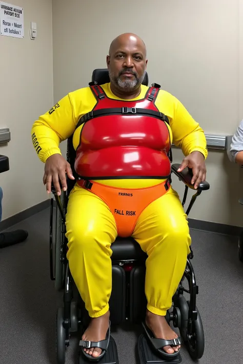 A gigantic massively obese black man, weighing 800 pounds, grotesque obesity, 95 years old, wrinkled fat and ugly, wearing a bright yellow rubber catsuit with text on sleeve "WARNING - INSANE" , wearing a shiny thick heavy polished red latex chest harness ...