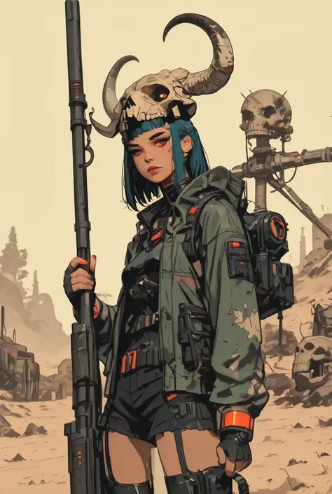 anime girl with a gun,wearing animal skull on head, digital cyberpunk anime art, postapocalyptic vibes, guweiz, wojtek fus, guweiz on artstation pixiv, anime style illustration