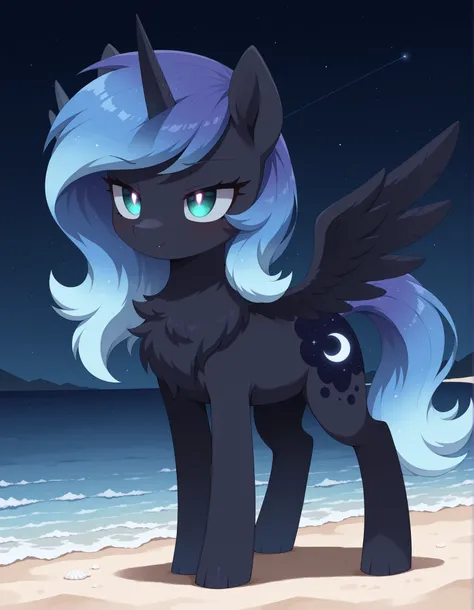 (Noxmauve:1.3),, masterpiece, best quality, amazing quality, very aesthetic, absurdres, newest, solo,
1girl, feral, feral pony, Woona, S1 Luna, Luna from Season 1 of My Little Pony, Young Luna, alicorn, horn, wings, (masterpiece), best quality, anime, sim...