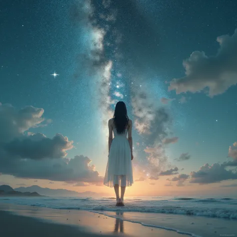 A transcendent woman with black hair standing on a sparkling Milky Way silhouette in white dress on a beach in the starry sky and descends to the ground,An image that seems to be coming down from space,The moment a gorgeous woman appeared,A collaboration t...