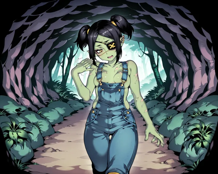 Source_anime, cute female, fishine style, 1girl, solo orc_girl BREAK
Black hair, long sidelocks, short twintails, parted bangs, small breasts, black_eyepatch_on_left_eye, yellow_left_eye, (colored skin, green skin), pointy ears, ear piercing, gold pierci...