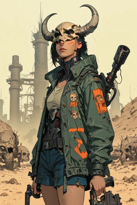 anime,cyberpunk,realistic,anime girl with a gun,wearing animal skull on head, digital cyberpunk anime art, postapocalyptic vibes, anime style illustration, alphonse mucha,