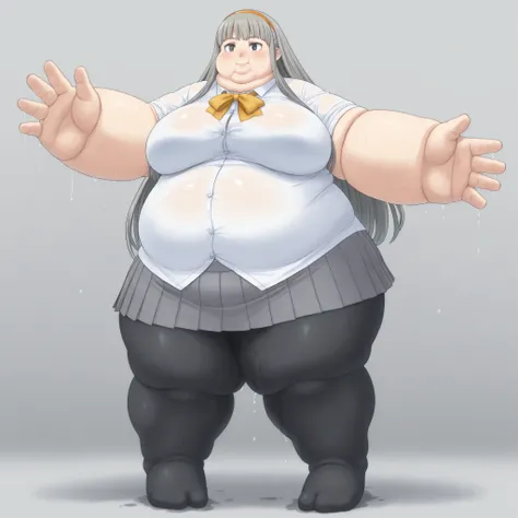 misonoinori,1girl,solo,pantyhose,long hair,hairband,skirt,school grey hair,black pantyhose,pleated skirt,smile,black eyes, blank_stare, empty_stare,  fat, chubby, obese, gigantic arms and legs, large breasts, sweating, wet body, swollen face, Fat_neck , Fa...