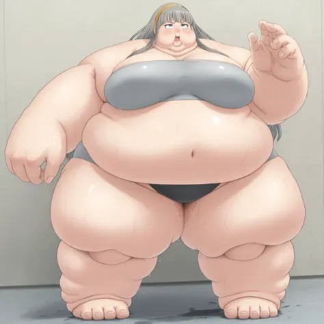 misonoinori,1girl,solo,long hair,hairband, grey hair, tube top, bikini bottom, ahegao,black eyes, blank_stare, empty_stare,  fat, chubby, obese, gigantic arms and legs, large breasts, sweating, wet body, swollen face, Fat_neck , Fat head , eyes with crushe...